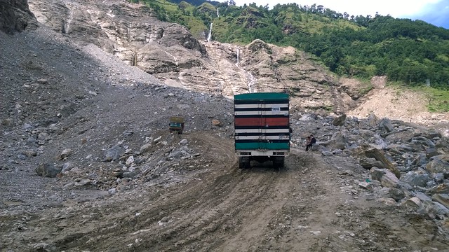 Arniko Highway landslide, truck attempting climb