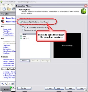 Camtasia Split Output Files at markers