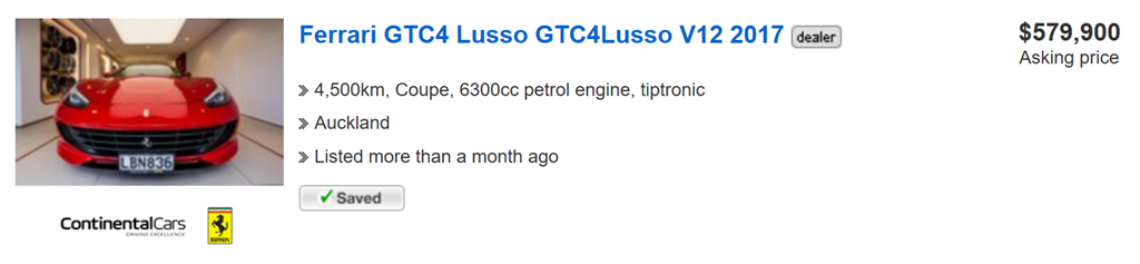 Ferrari GT4 Lusso at Continental Cars Ferrari advert $579000
