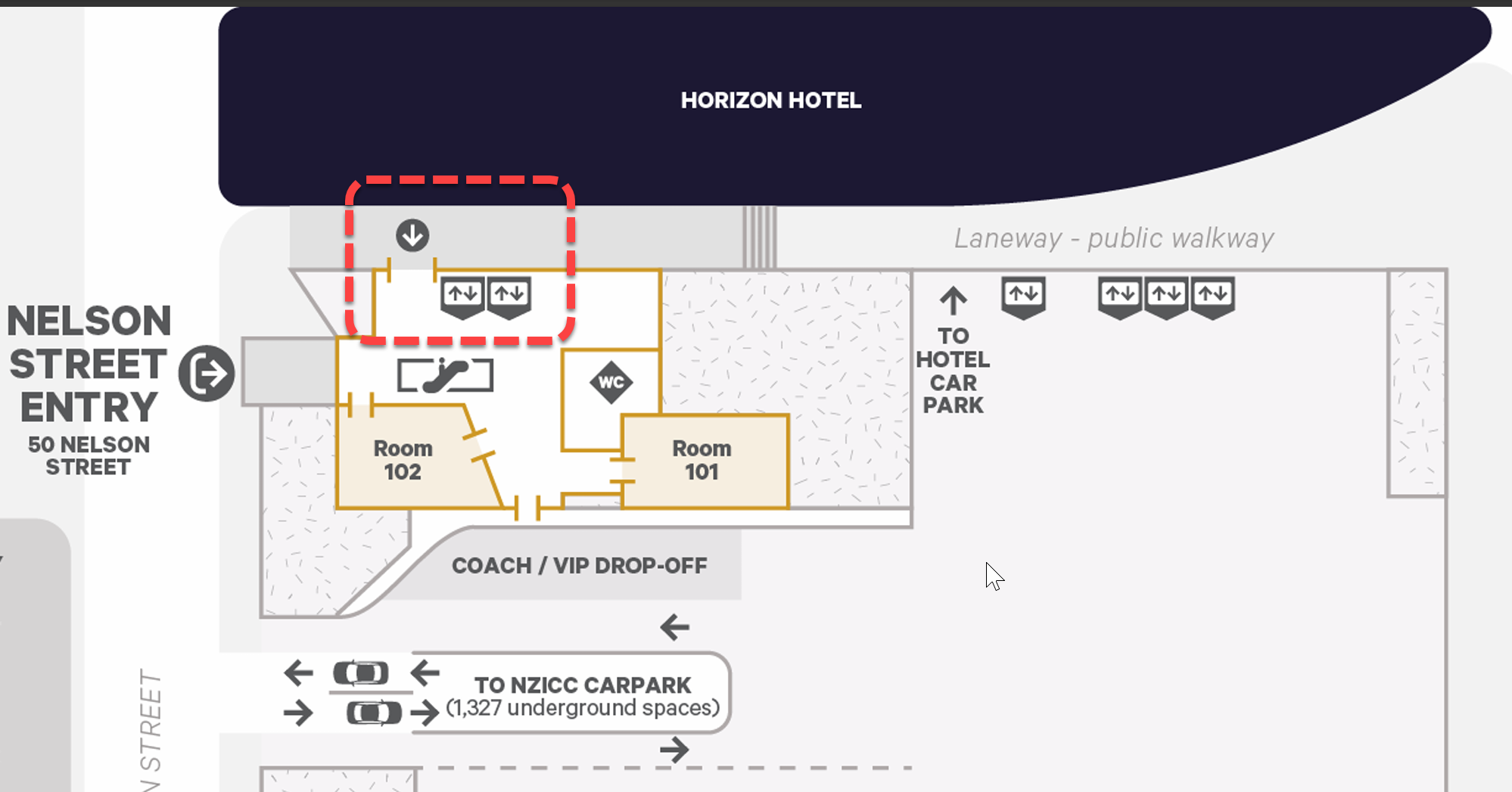 Plan of venue Level 1 showing two lifts, escalator up and no stairs down