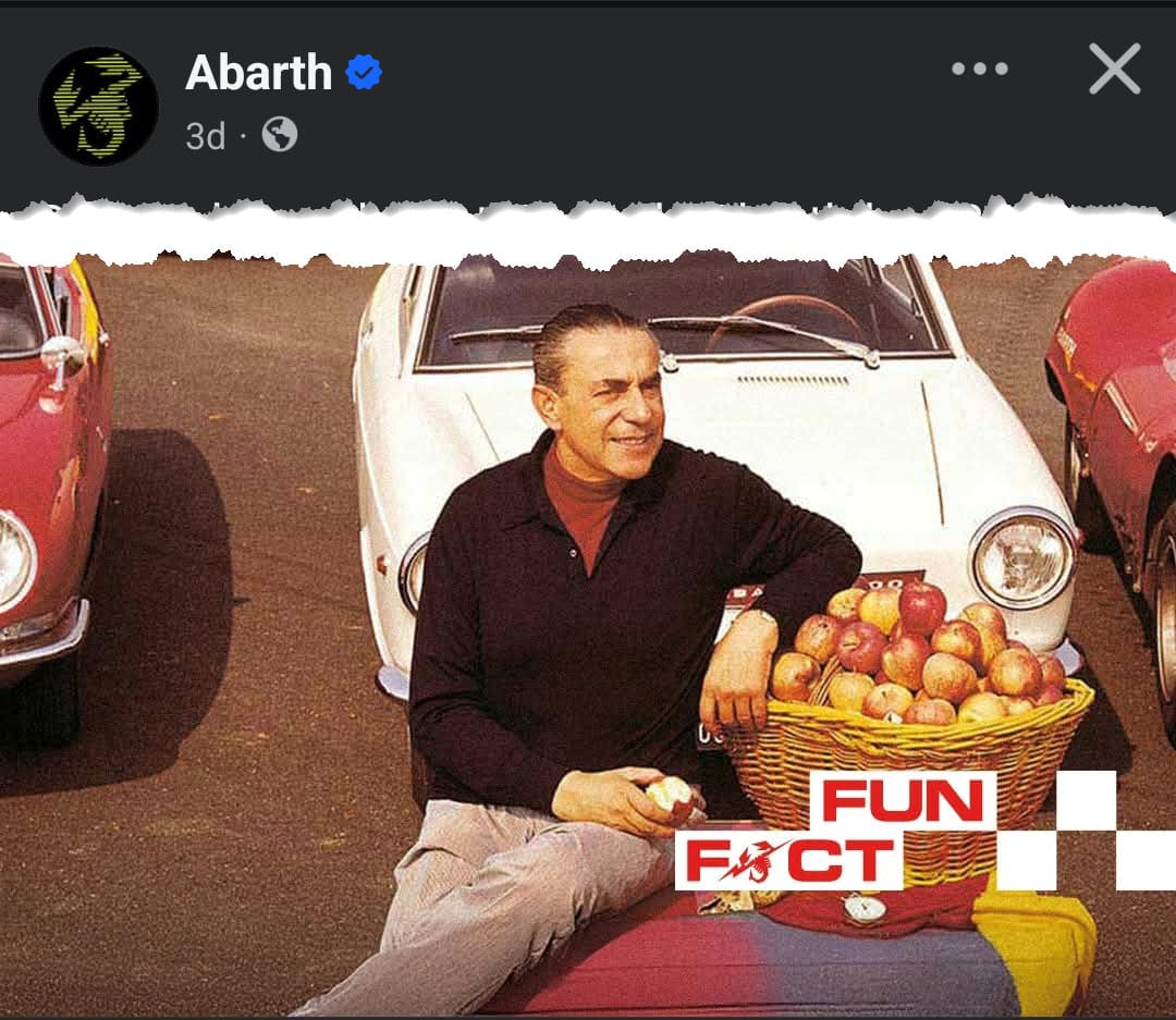 Collage of Carlo Abarth, a basket of apples and his cars